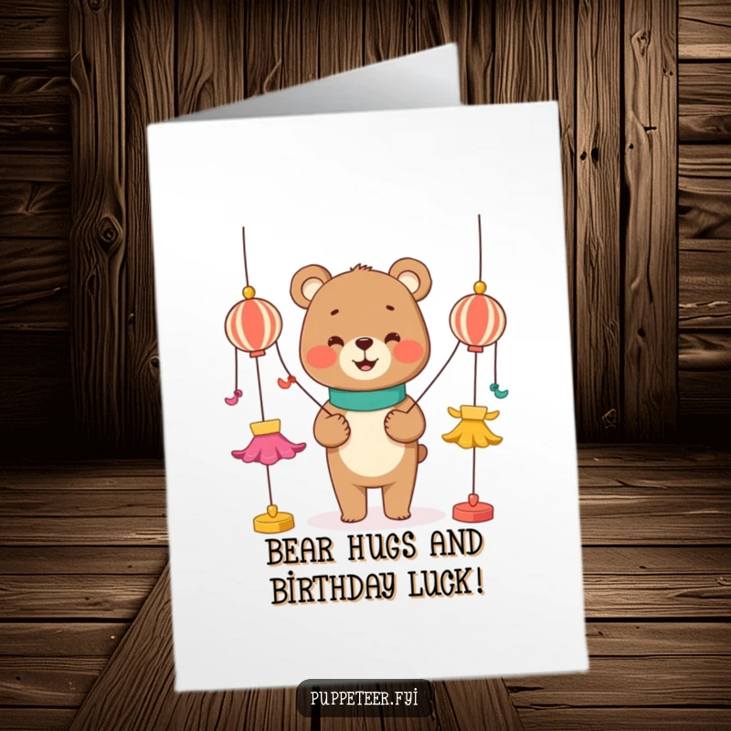 Funny Free Printable Birthday Card featuring a smiling bear puppet master controlling dancing puppets with colorful strings.