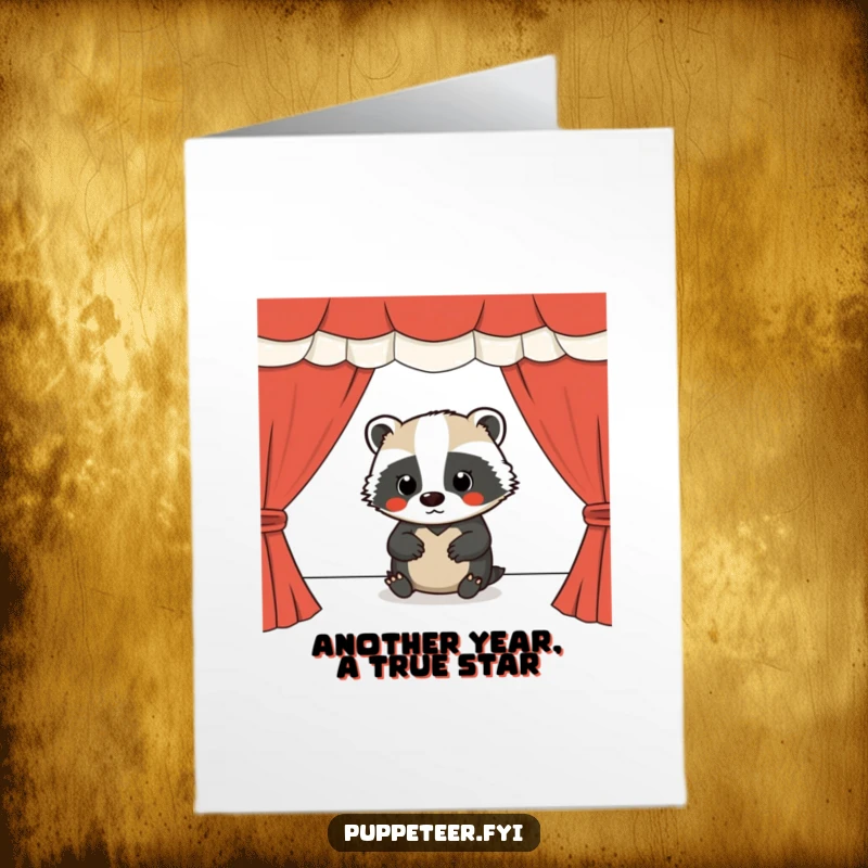 Funny free printable birthday card of a focused badger meticulously operating a puppet show stage with its puppets.