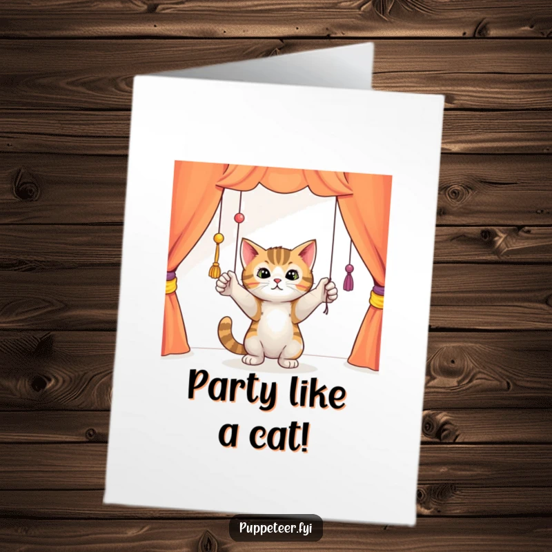 Funny Free Printable Birthday Card: A curious cat playfully batting at dangling puppet strings in a theater.