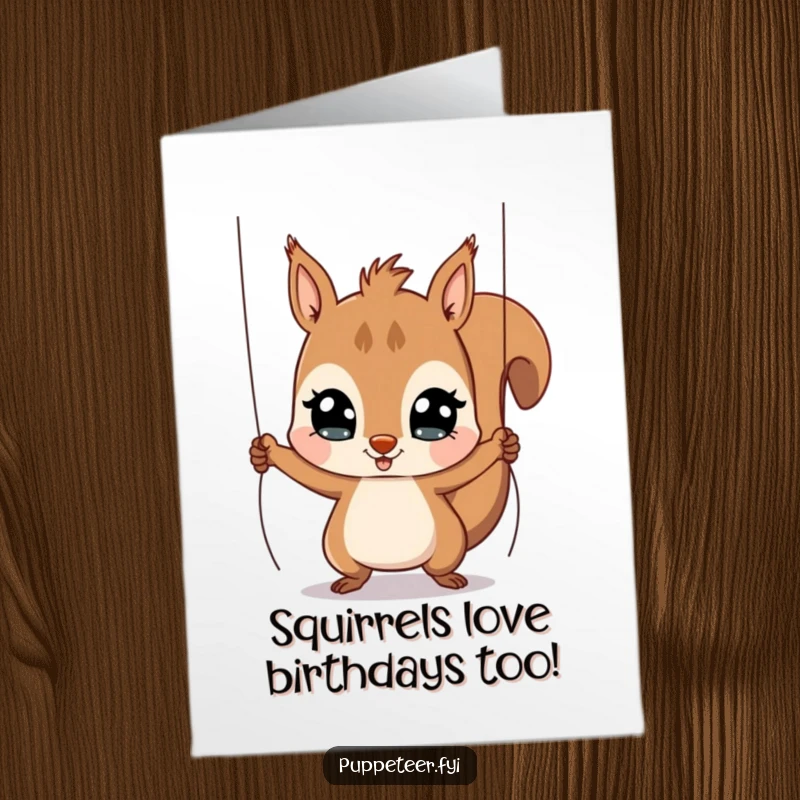 Funny Free Printable Birthday Card: A playful squirrel with wide eyes enthusiastically pulls strings, making a puppet leap with excitement.