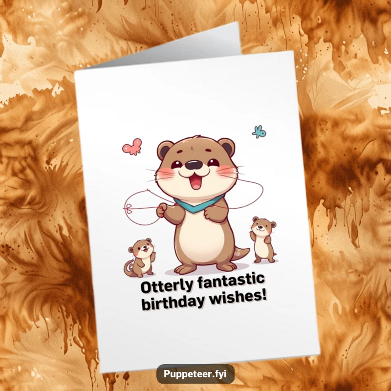 Funny Free Printable Birthday Card: A delighted otter character dramatically posing while controlling other animals with strings, pure birthday chaos.