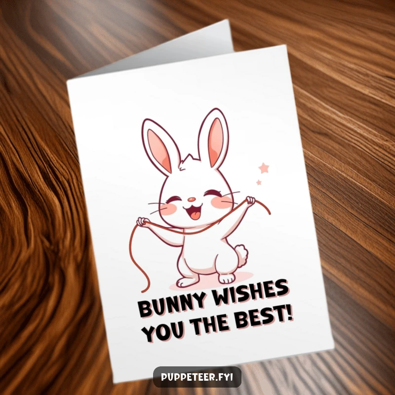 Funny Free Printable Birthday Card featuring a cute rabbit puppet master with a delighted expression, expertly controlling two strings for a surprise.