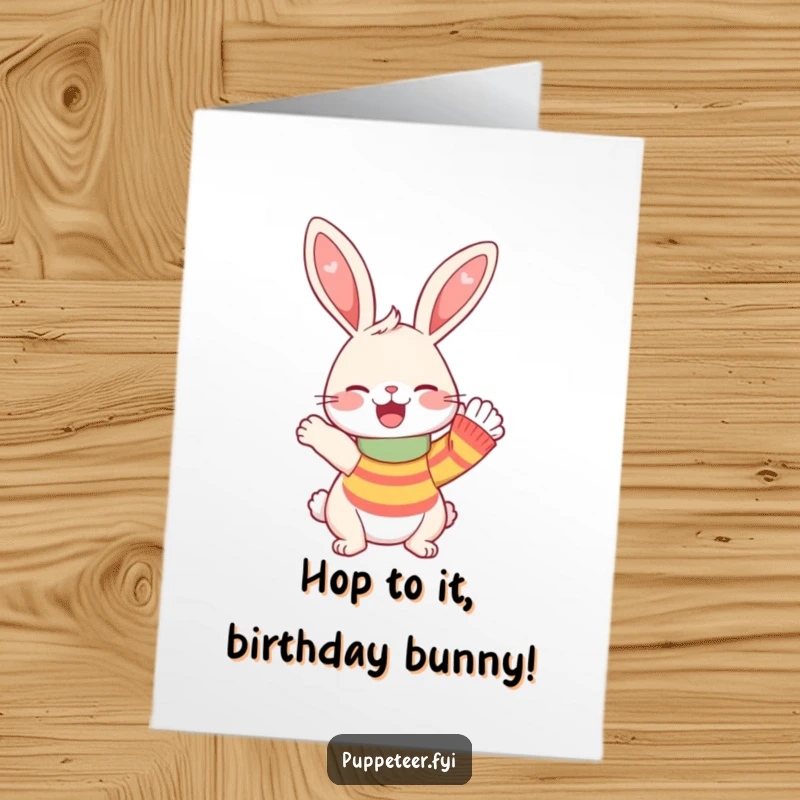 Funny Free Printable Birthday Card: A happy rabbit giggles while its sock puppet enthusiastically waves hello for a birthday.
