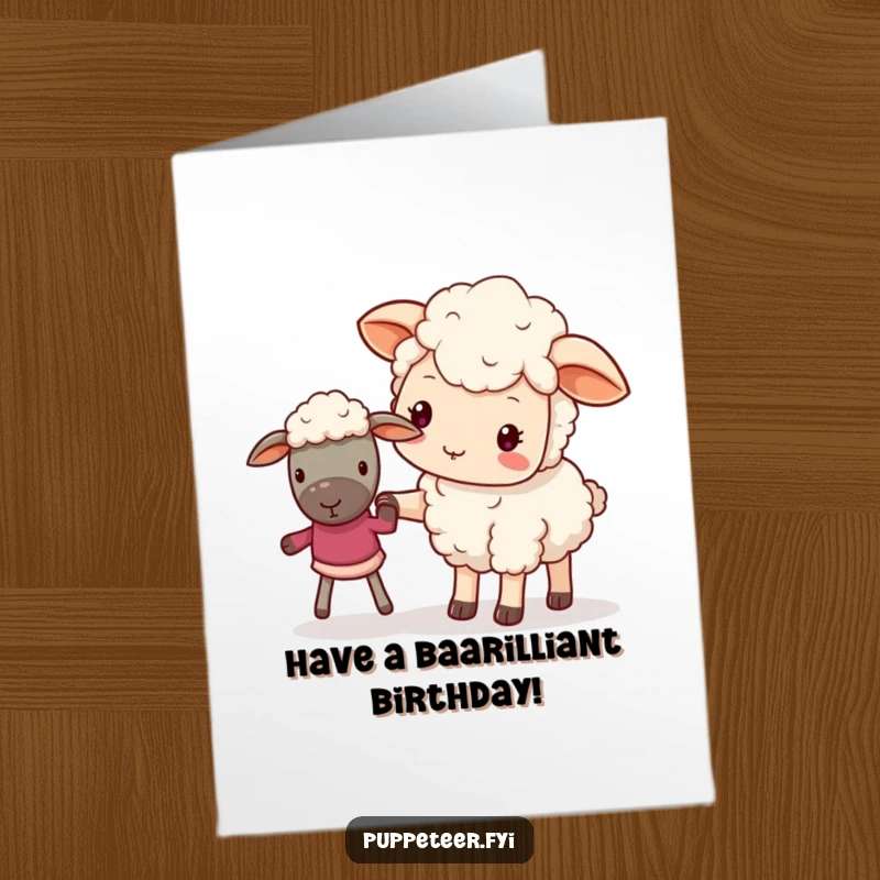 Free Printable Birthday Card: A kawaii sheep tenderly guides a smaller sheep puppet with its hoof, suggesting gentle guidance.