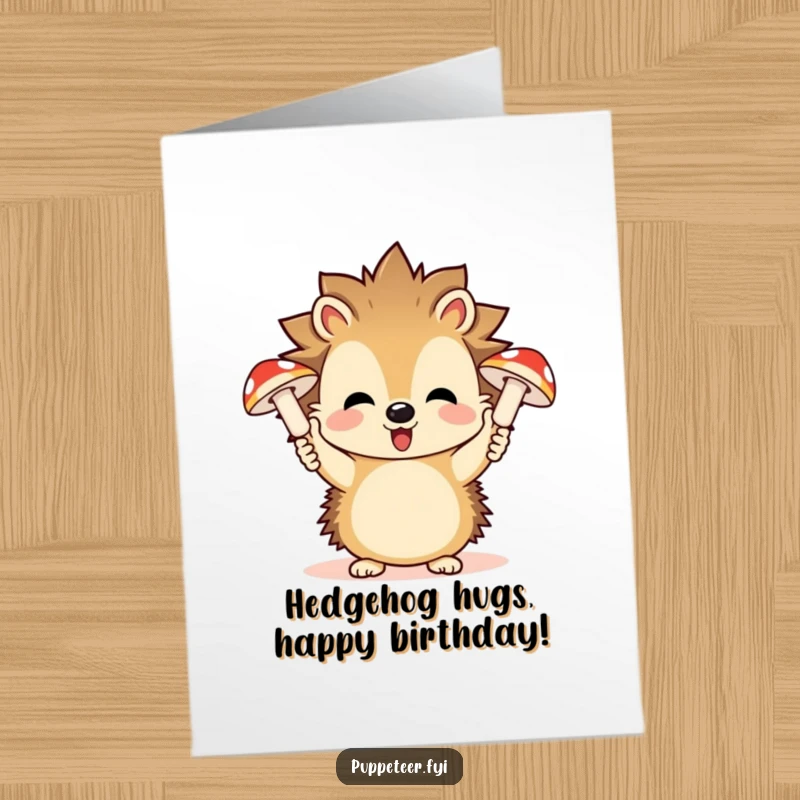 Funny Free Printable Birthday Card: A playful hedgehog controlling two giggling mushroom puppets with its hands.