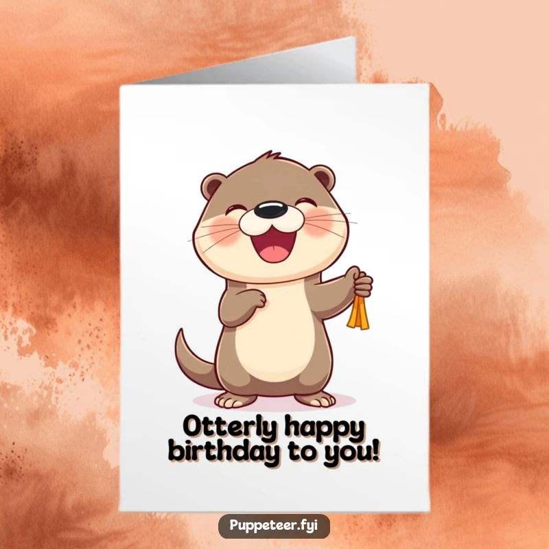 Funny Free Printable Birthday Card: A cheerful otter with a joyful expression makes a small puppet dance, spreading birthday cheer with delight.