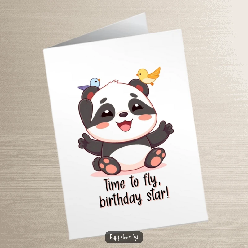 Funny Free Printable Birthday Card: Joyful panda artist making a tiny, happy bird puppet fly.