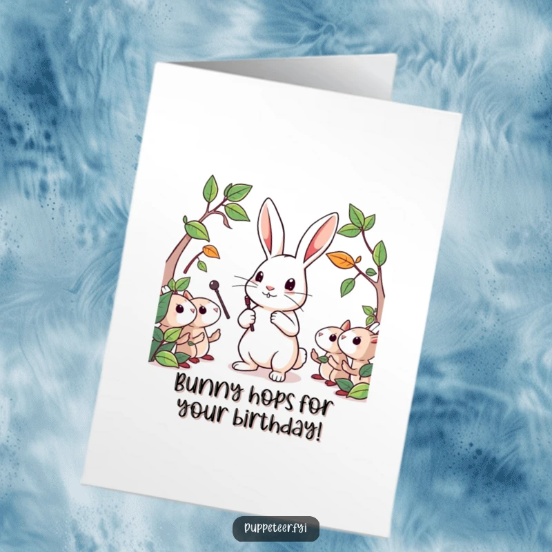 Funny Free Printable Birthday Card: A determined rabbit directing leaf puppets with a tiny baton, celebrating a special day.