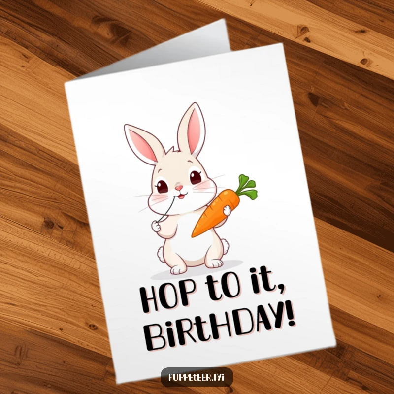 Funny Free Printable Birthday Card: A curious rabbit puppet master making a carrot wiggle with playful strings.