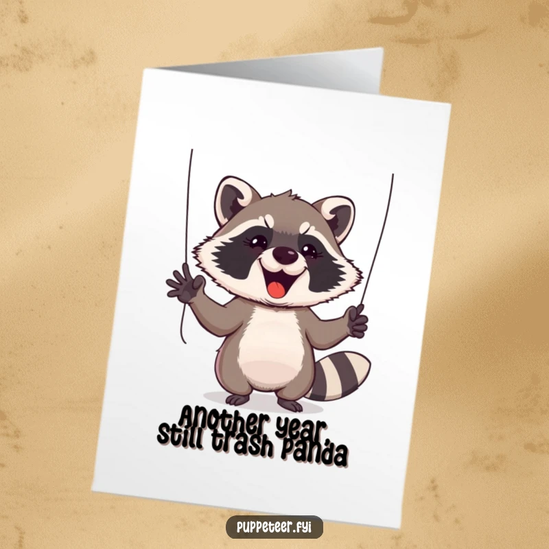 Funny Free Printable Birthday Card: Cheeky raccoon gesturing enthusiastically, controlling puppet strings with comedic energy.