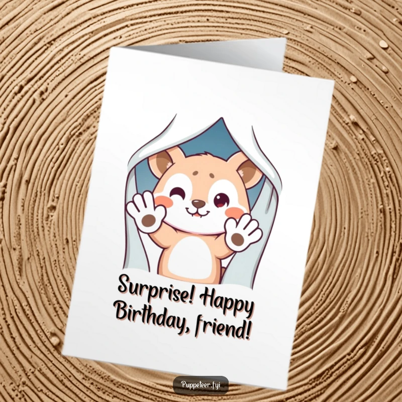 Funny Free Printable Birthday Card featuring a mischievous animal hiding behind a curtain with puppet hands waving, a playful DIY downloadable gift.