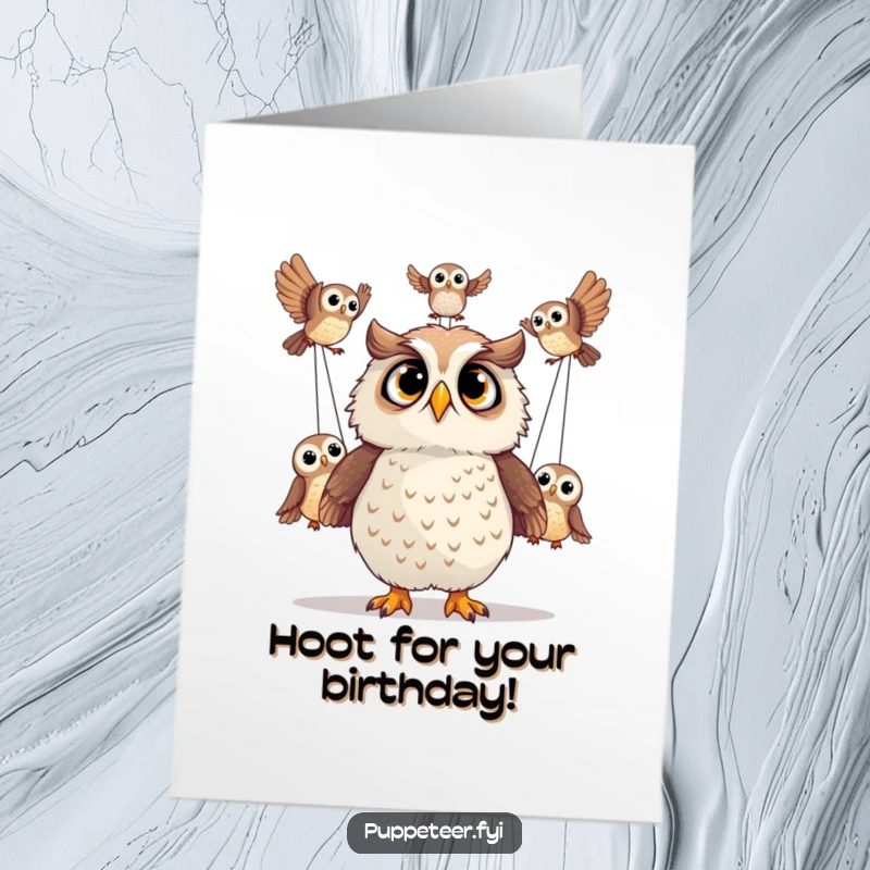 Funny free printable birthday card of a shocked owl looking up in amazement at its puppet owls performing daring acrobatics.
