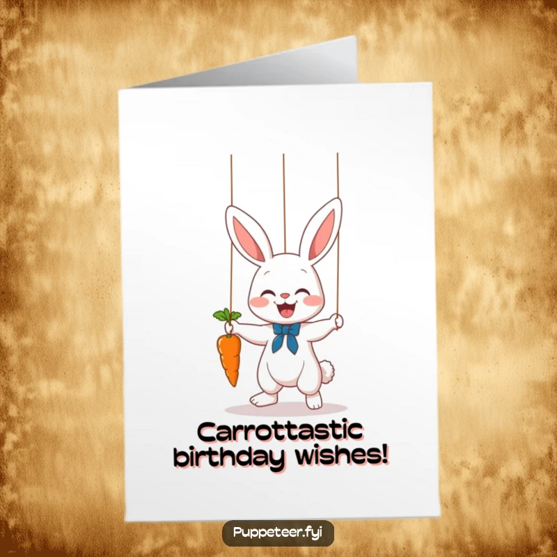 Funny Free Printable Birthday Card: A cute bunny puppet master makes a carrot dance on a string with pure delight, a truly joyous scene.