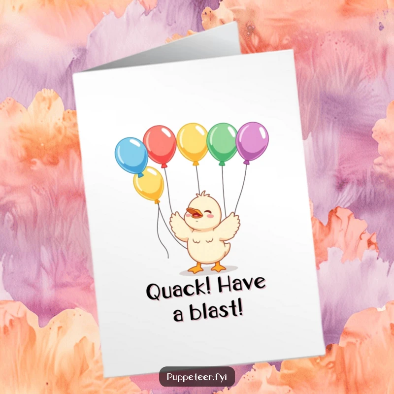 Funny Free Printable Birthday Card: A giggling duckling waves strings attached to several colorful balloons, embodying pure birthday happiness.