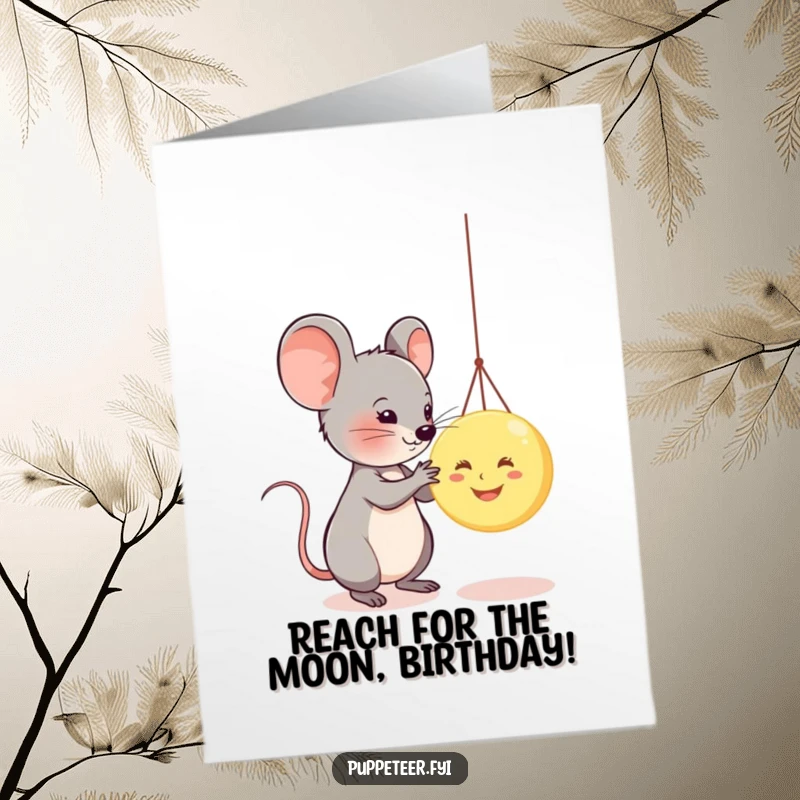 Funny Free Printable Birthday Card: Mouse artist perfecting a tiny moon puppet for a magical celebration.