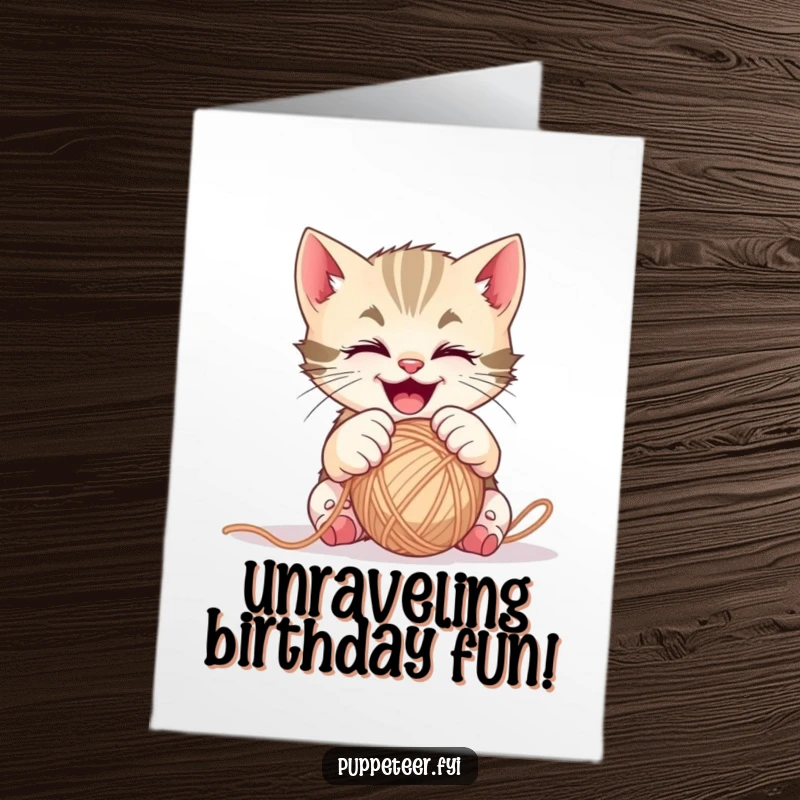Funny Free Printable Birthday Card: A mischievous kitten gleefully controls a yarn ball with its paws, ready for birthday fun.
