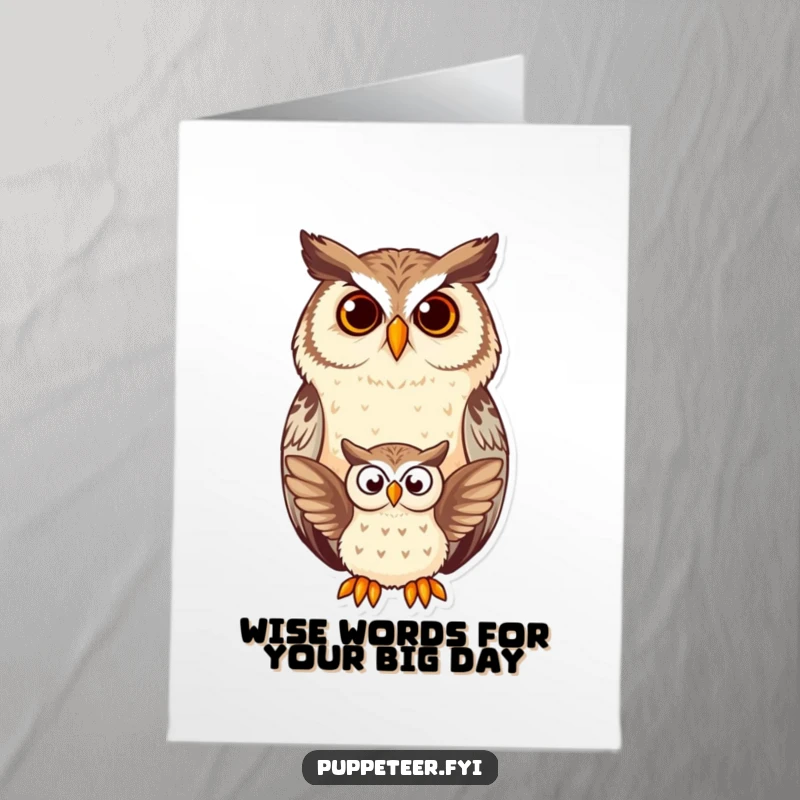 Funny Free Printable Owl Birthday Card: Contented owl watches a small owl puppet flap, bringing birthday cheer.