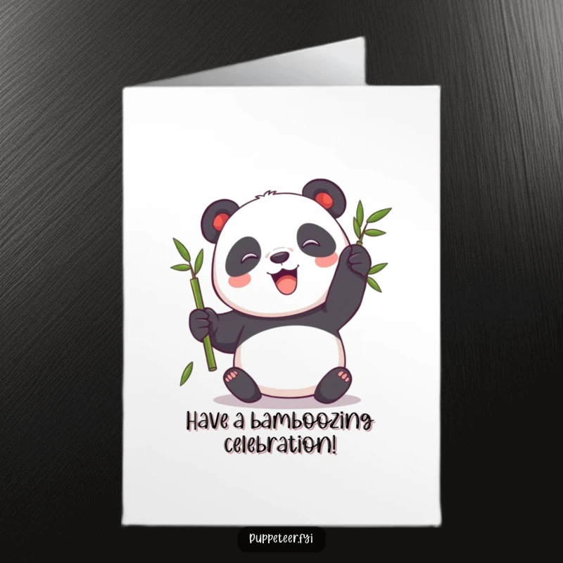 Funny Free Printable Birthday Card: A playful panda joyfully makes a bamboo stalk puppet dance.