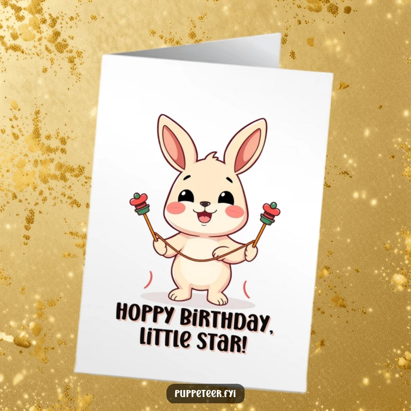 Funny Free Printable Birthday Card with a cheerful rabbit guiding string puppets, full of delight and playful energy.