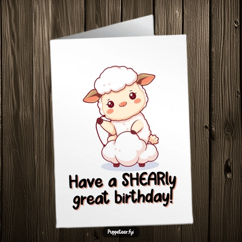 Funny Free Printable Sheep Birthday Card: Beaming sheep controls a tiny cloud puppet, bringing birthday dreams.