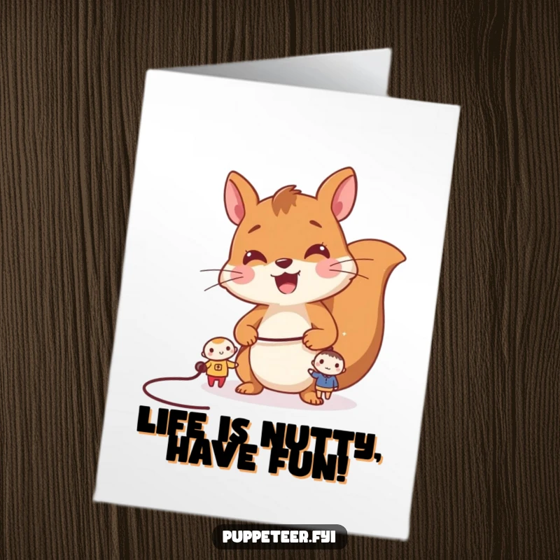 Funny Free Printable Birthday Card: Cheerful squirrel controls two tiny characters with a single string, like a puppeteer.