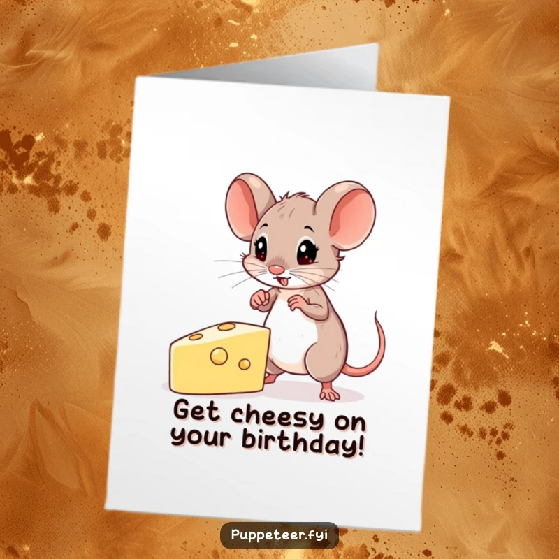 Funny Free Printable Birthday Card: A determined mouse expertly directs a cheese-shaped puppet.