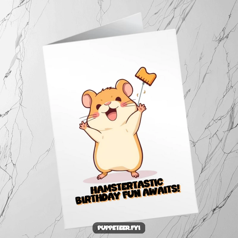 Funny Free Printable Birthday Card: A happy hamster enthusiastically coaches a puppet doing a spectacular somersault.