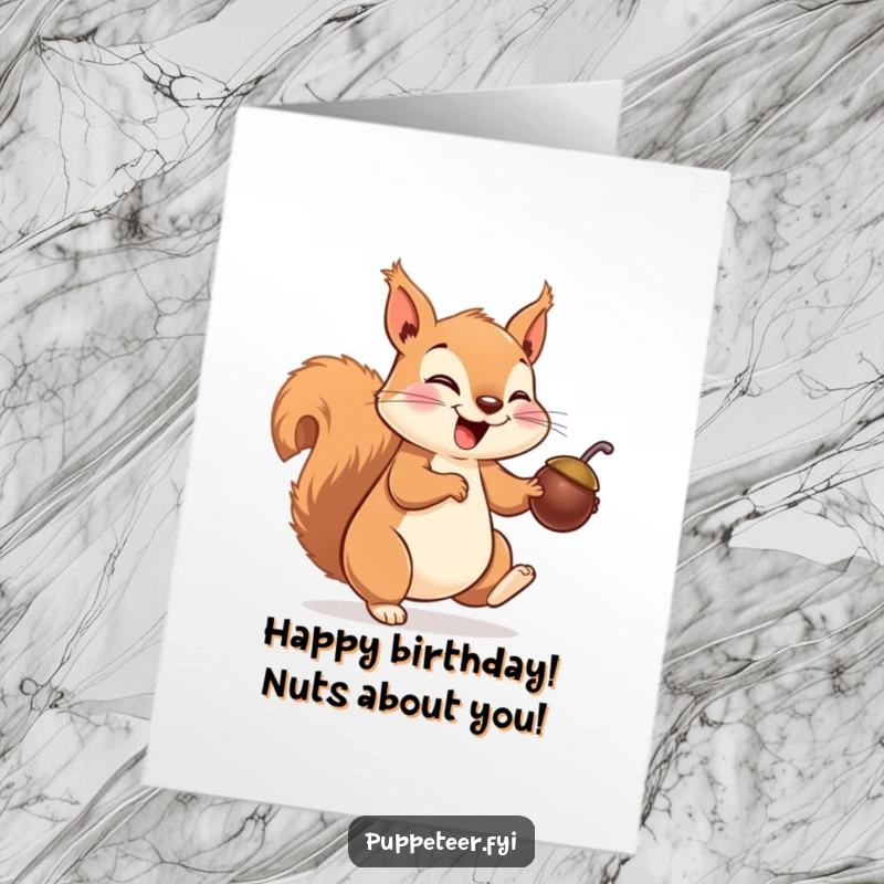 Funny free printable birthday card: a giggling squirrel joyfully making a nut puppet hop with its paws, full of playful energy.