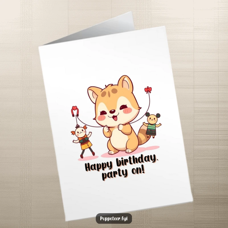 Funny Free Printable Birthday Card: A cute animal character plays with strings, making toys dance.