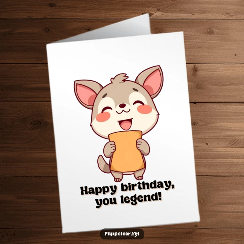Funny Free Printable Birthday Card: Delighted animal grins proudly, holding up a handcrafted puppet masterpiece.
