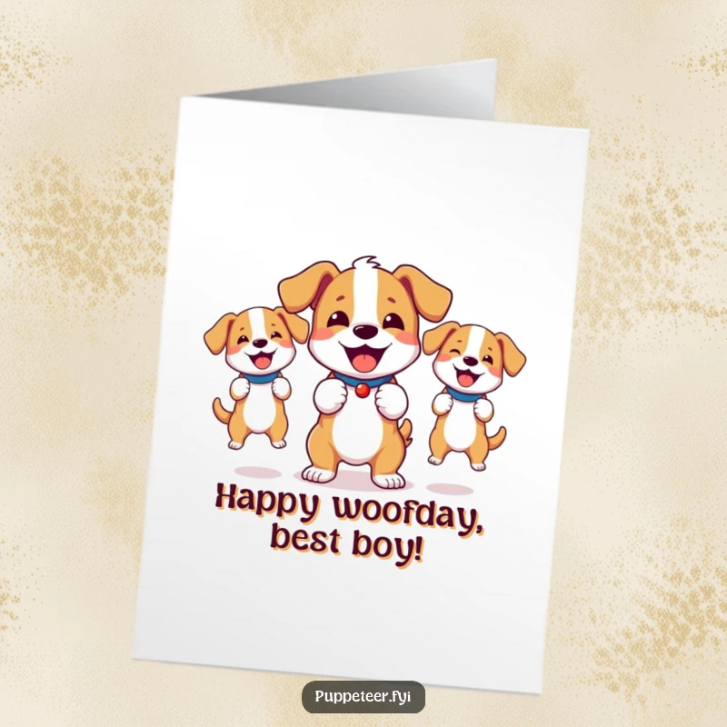 Funny free printable birthday card of a bouncy dog gleefully controlling two lively dog puppets with great enthusiasm.