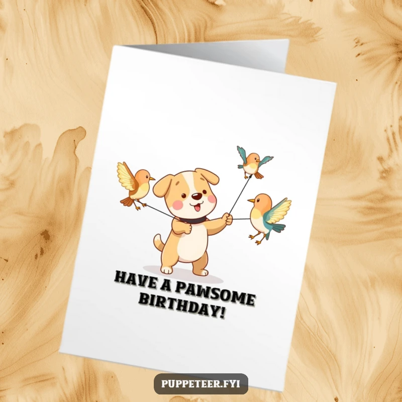 Funny Free Printable Birthday Card featuring a playful dog making bird puppets flap their wings with strings, full of action.