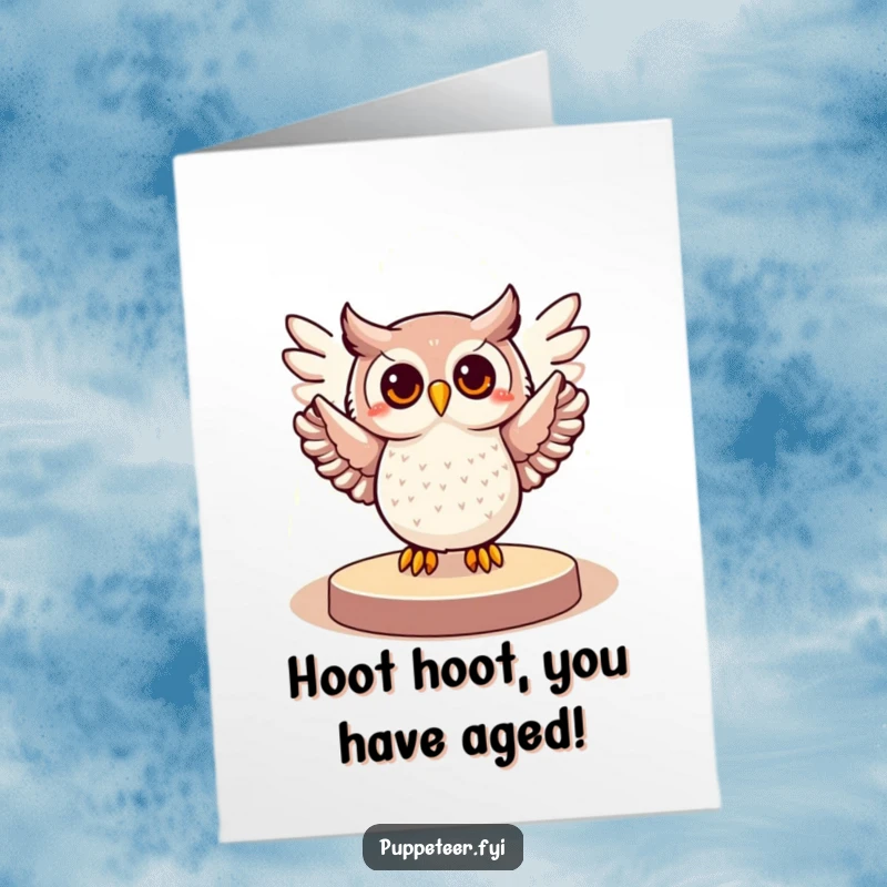 Funny Free Printable Birthday Card: Cheerful owl in spotlight, wings spread wide, ready to perform a grand gesture.