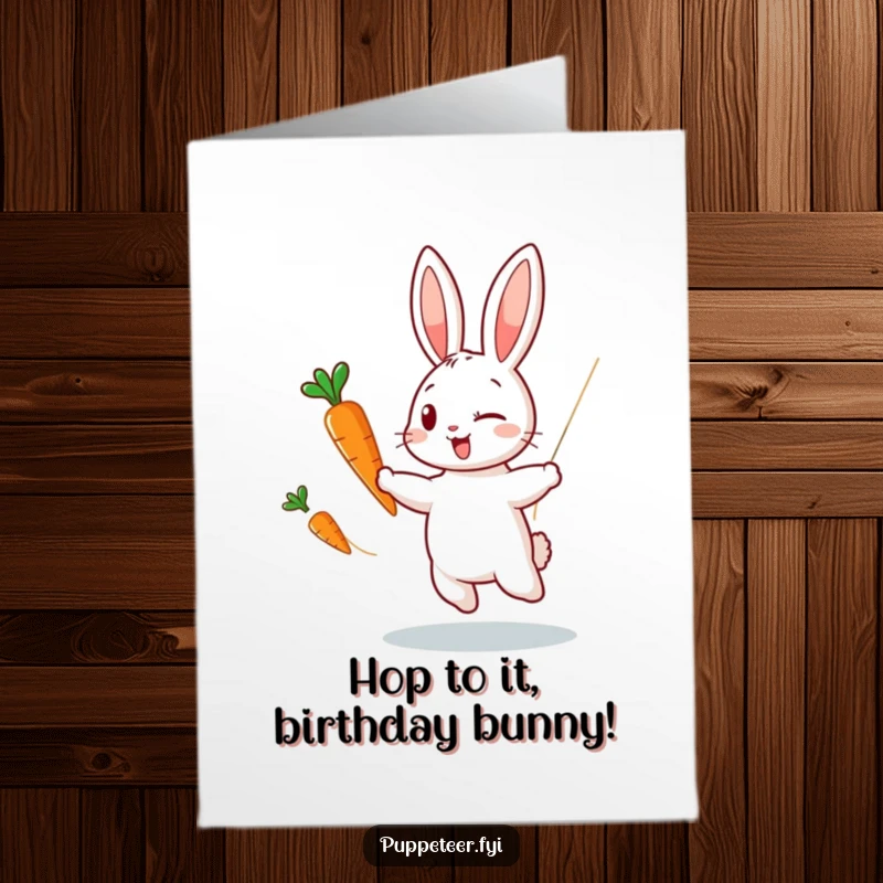 Funny Free Printable Birthday Card: Winking rabbit using invisible strings to make a carrot puppet dance joyfully.