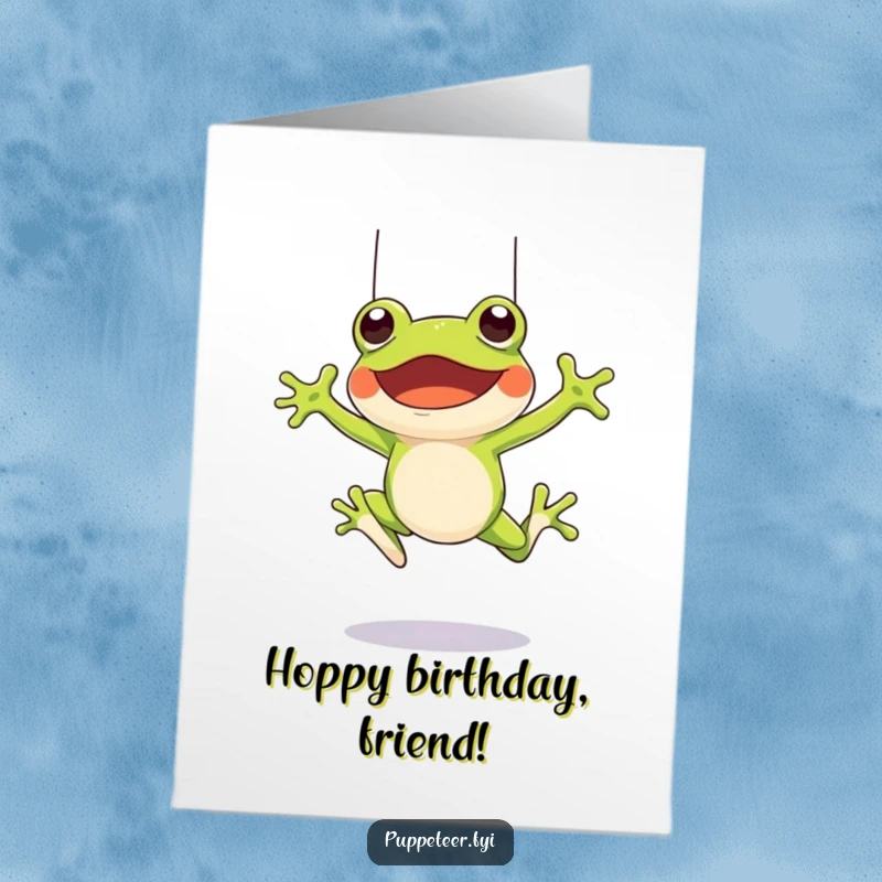 Funny Free Printable Birthday Card: A cheerful frog character leaping high, its puppet also jumping with joy due to controlling strings.