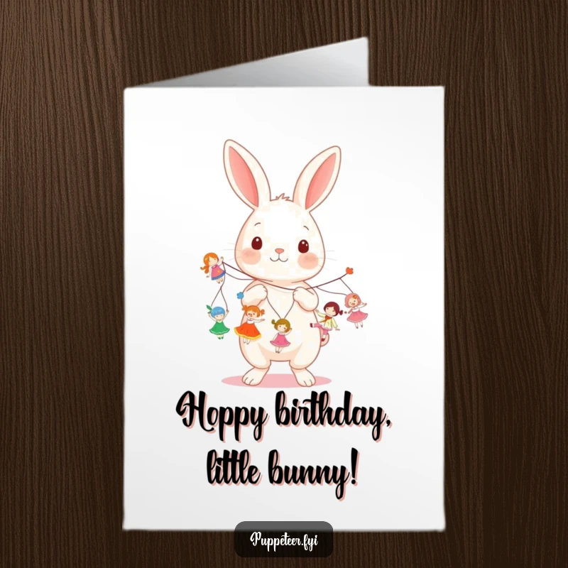 Funny Free Printable Birthday Card: A kawaii rabbit energetically holds multiple strings, making small dolls dance joyfully for a birthday.