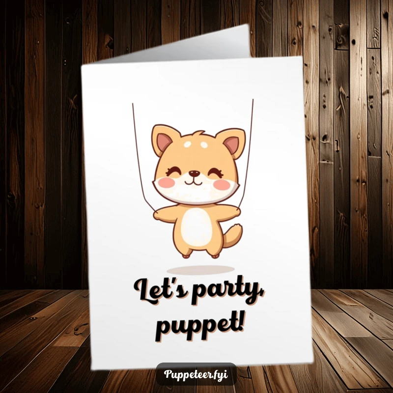 Funny Free Printable Birthday Card showing a playful animal character expertly controlling a jumping puppet with strings, full of energy.
