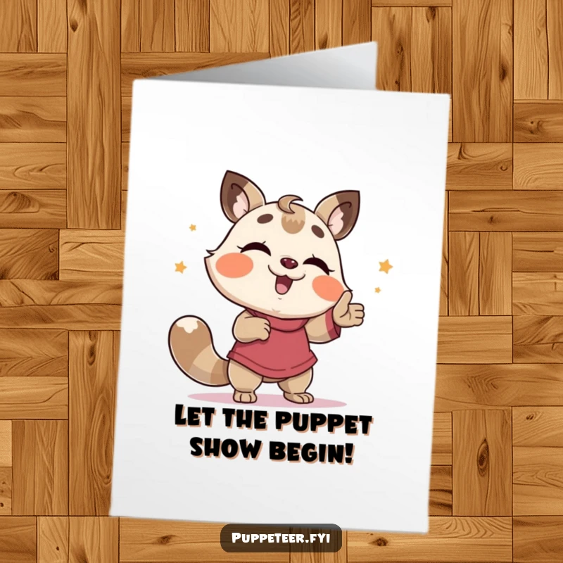 Funny Free Printable Birthday Card: Giggling animal controls a puppet doing a hilarious silly dance, spreading joy.