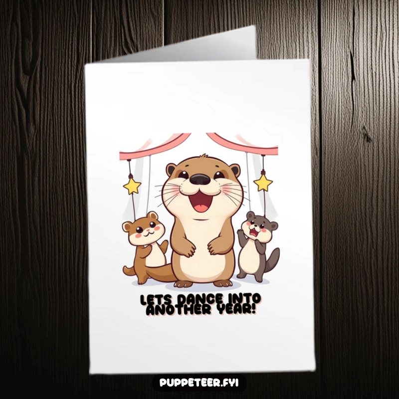 Funny free printable birthday card of a grinning otter joyfully making animal puppets dance with infectious energy.