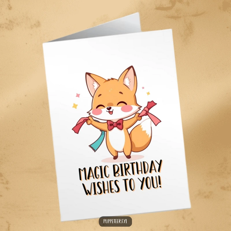 Funny Free Printable Birthday Card: Playful fox in a bowtie doing a magic trick with scarves, a spellbinding and downloadable birthday gift.