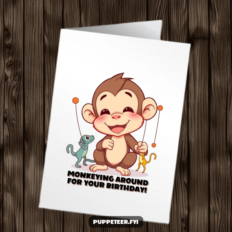 Funny Free Printable Birthday Card: A delighted monkey concentrates intensely on the intricate movements of its many puppets, showcasing mastery.