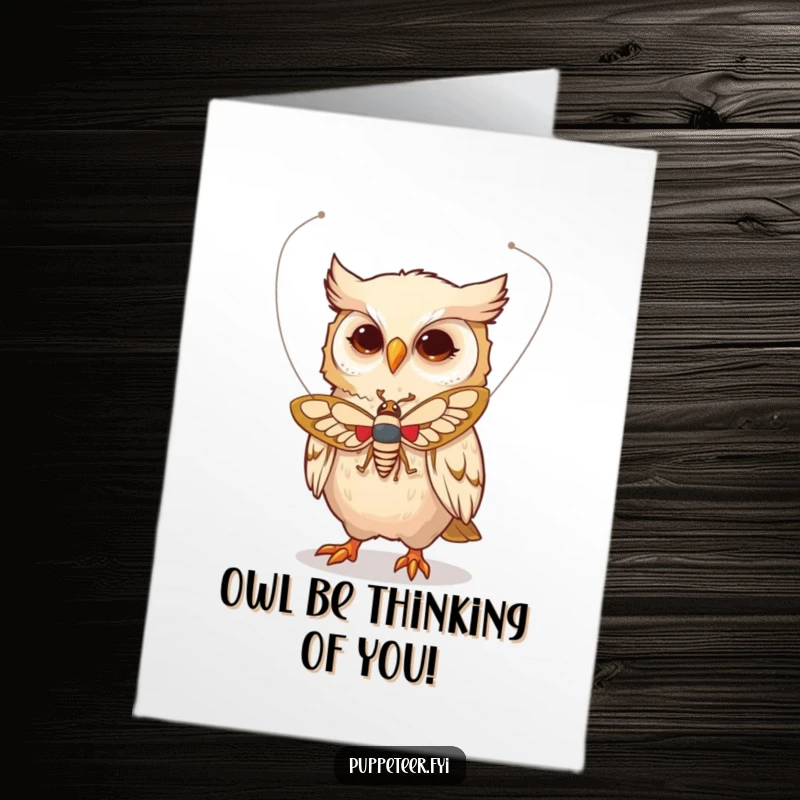Funny Free Printable Birthday Card: Whimsical owl character delicately controlling a moth puppet with strings, creating a magical flight.