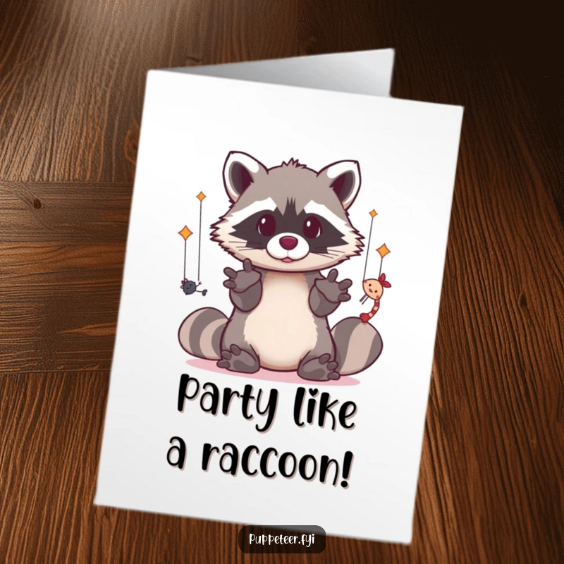 Free Printable Birthday Card: A kawaii raccoon with nimble paws skillfully manipulates multiple puppets, creating a playful birthday scene.