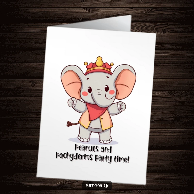 Funny free printable birthday card featuring a cheerful elephant puppet master making a peanut puppet march proudly.