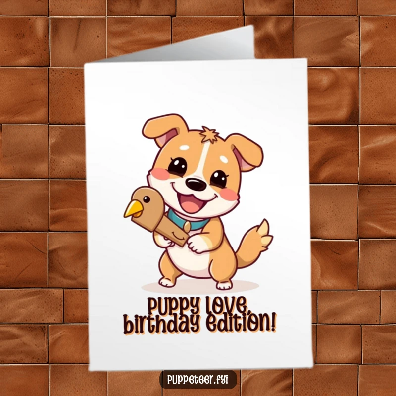 Funny Free Printable Birthday Card featuring a happy dog hilariously controlling a wooden bird puppet with a grin.