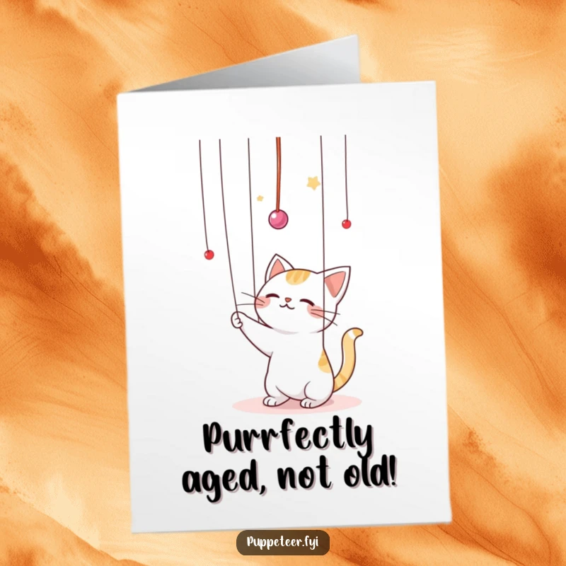 Funny free printable birthday card featuring a kawaii cat playfully batting at invisible puppet strings in the air, looking mischievous.