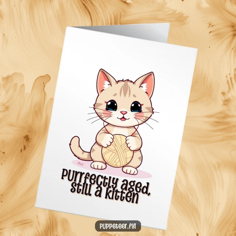 Funny Free Printable Birthday Card: Mischievous cat wiggling strings, making a yarn ball puppet bounce hilariously.