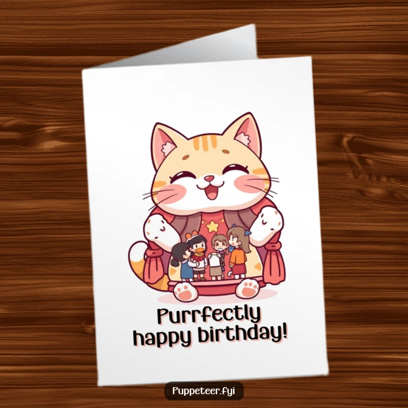 Funny Free Printable Birthday Card featuring a giggling cat presenting a puppet show stage with various figures, full of theatrical fun.