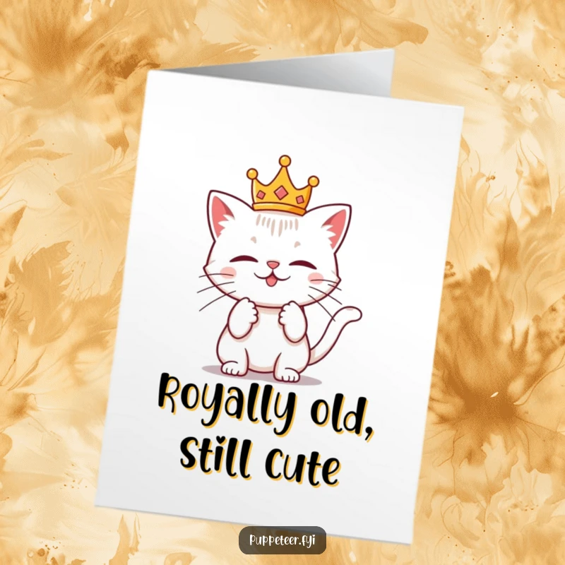 Funny Free Printable Birthday Card: Mischievous cat wearing a crown, tugging on invisible strings like a tiny puppet master.