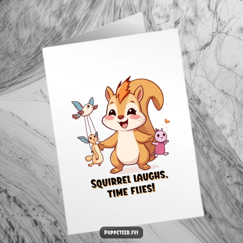 Funny Free Printable Birthday Card: Giggling squirrel puppet master joyfully controlling two airborne puppets with a mischievous smile, spreading cheer.